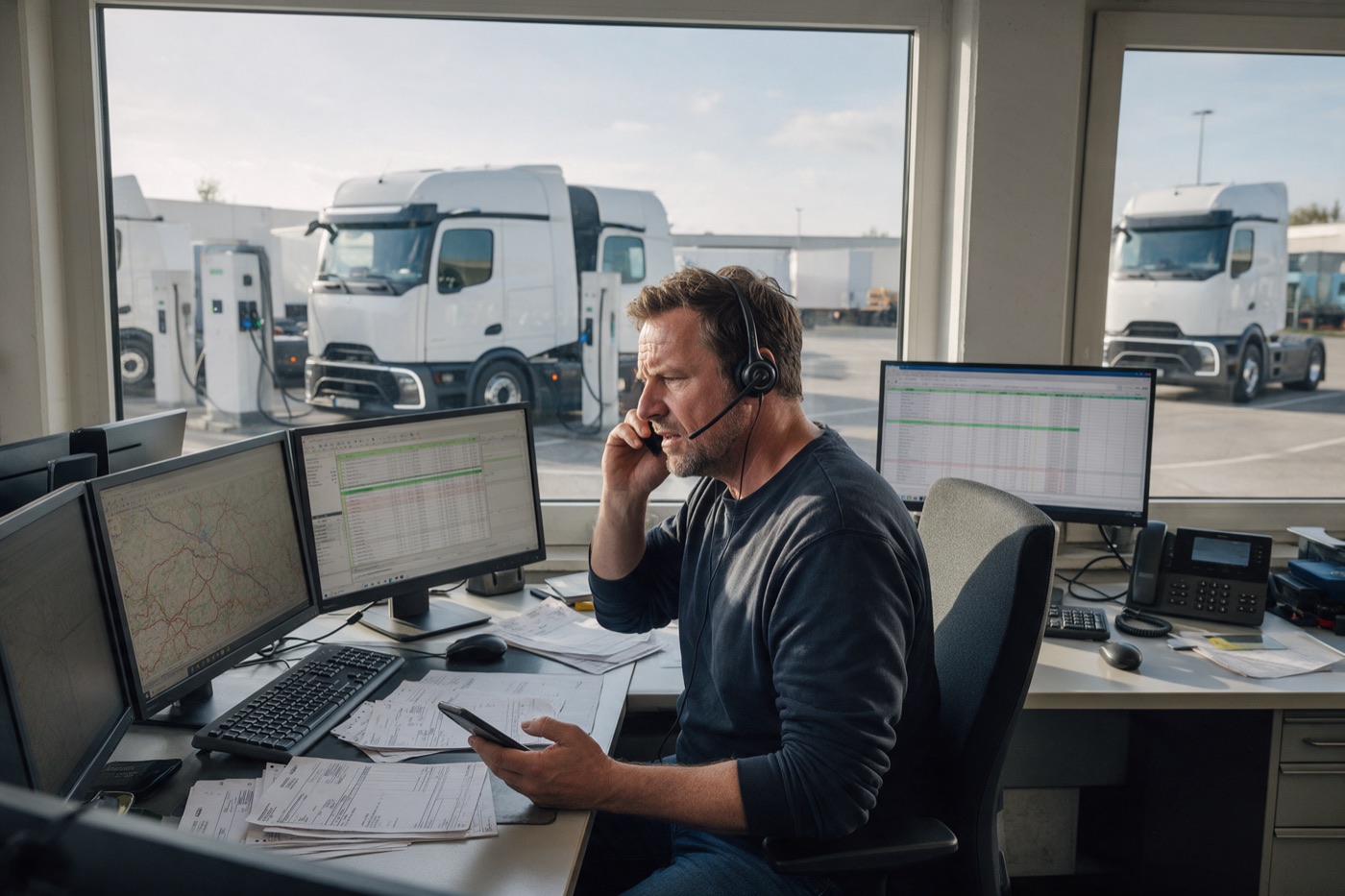 Disponent telefoniert, vor ihm Routenkarten und Frachtbriefe, im Hintergrund Elektro-Lkw an Ladesäulen auf dem Betriebshof