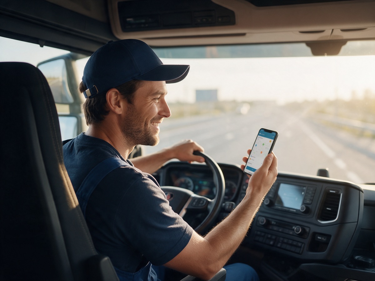 Lkw-Fahrer im Führerhaus mit Smartphone und Tracking-App