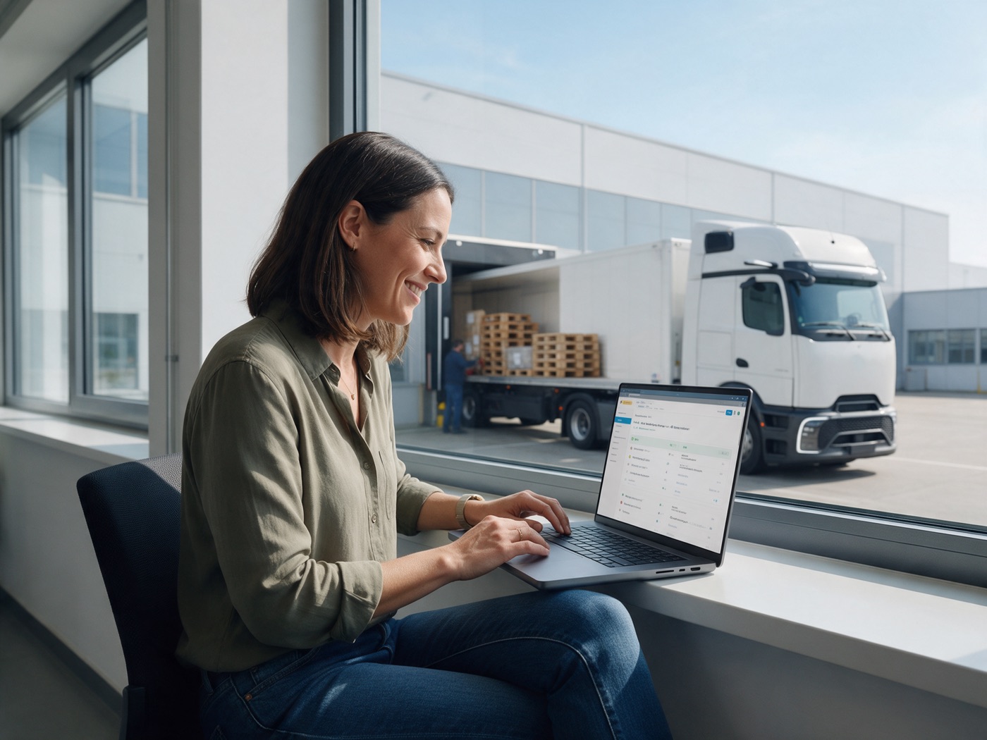 Einkäuferin prüft am Laptop den Sendungsstatus, im Hintergrund wird ein Elektro-Lkw an der Rampe beladen
